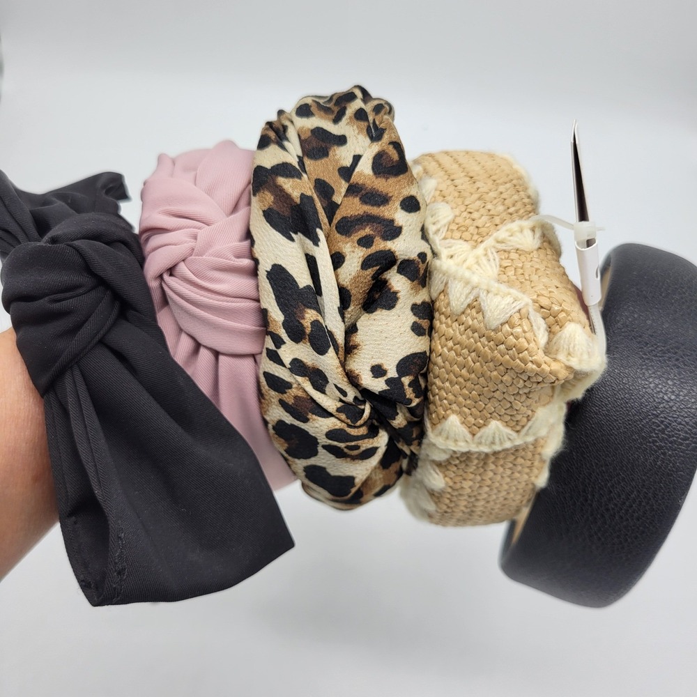 Set of 5 Headbands Black Bow Leopard Straw Faux Leather Knotted 5pc Lot Coquette